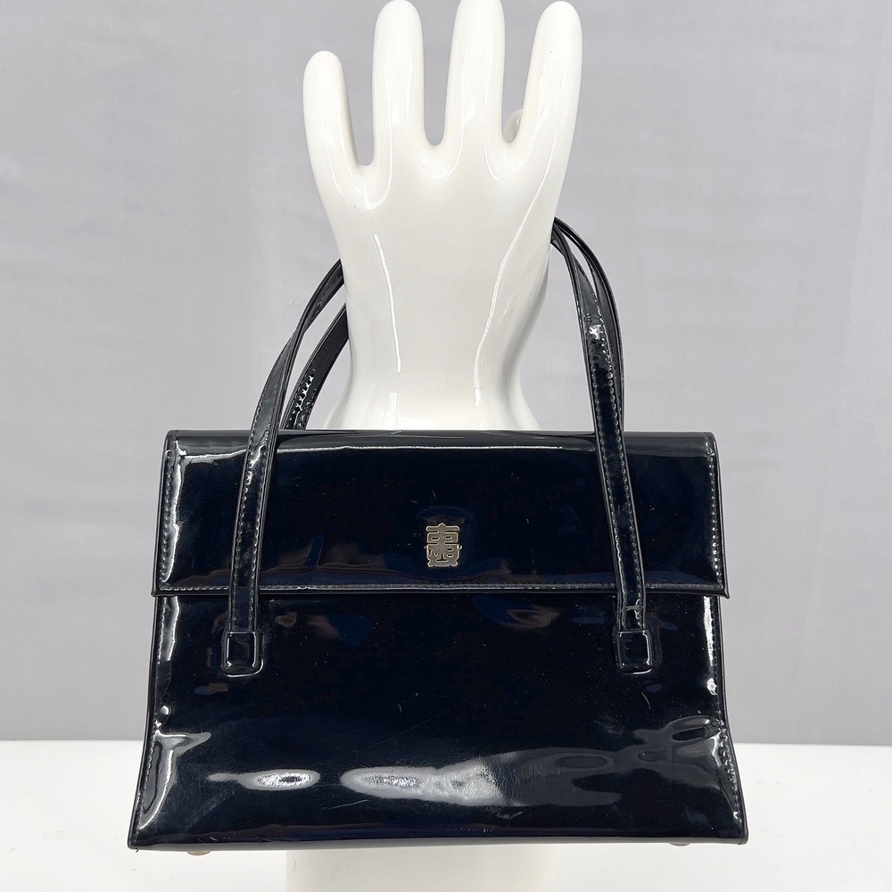 Vintage 60s JR‎ USA Black Patent Leather Handbag Gold Chinese Character MCM